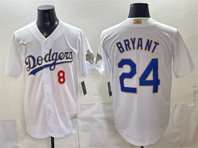 Men's White Los Angeles Dodgers Front #8 Back #24 Kobe Bryant 2026 Gold Collection Stadium Stitched Baseball Jersey